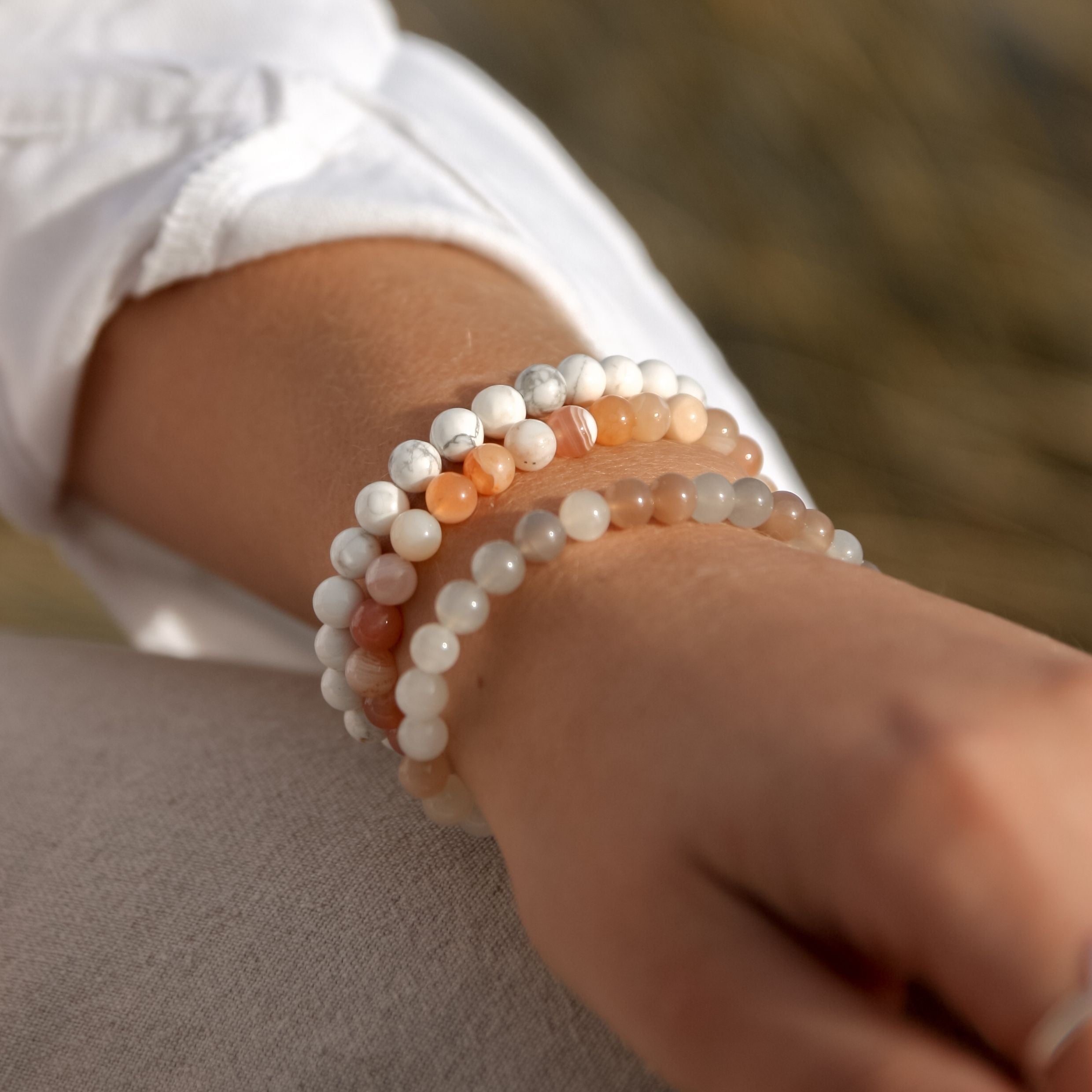 Mixed Moonstone "Safari" Bracelet model hand stacked 