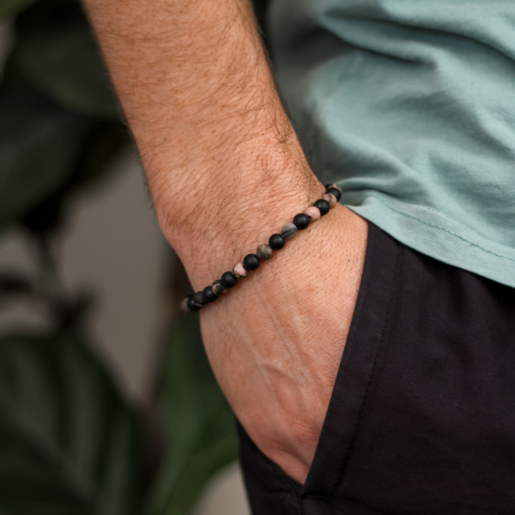Black Tourmaline, Rhodonite Mens Stone Bracelet - Robyn Real Jewels